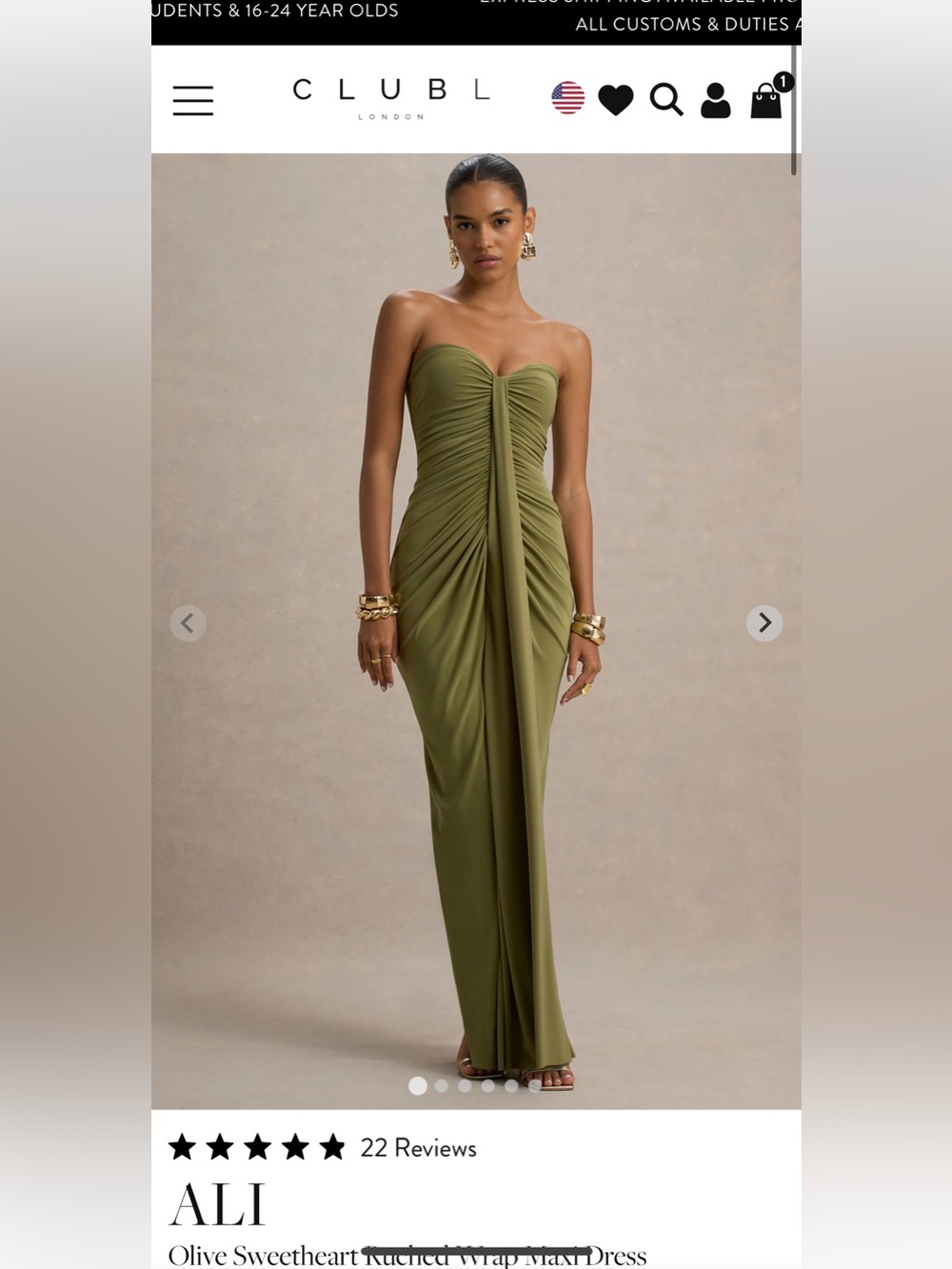 ALI Olive Sweetheart Ruched Wrap Maxi Dress Club London